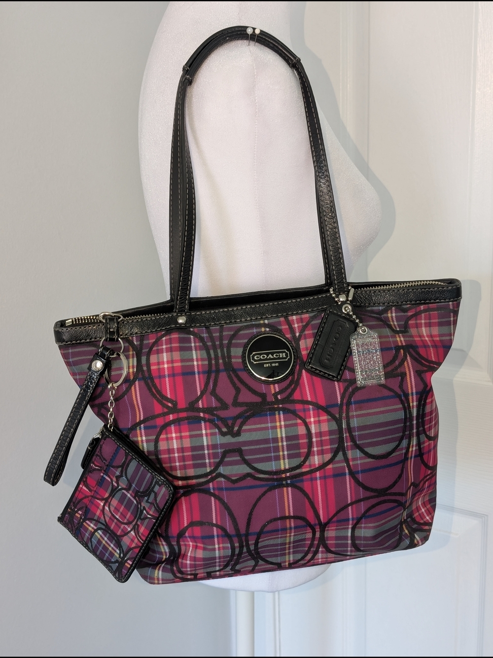 Coach Poppy Signature C Tartan Glitter Tote and Coin Zip Pouch
